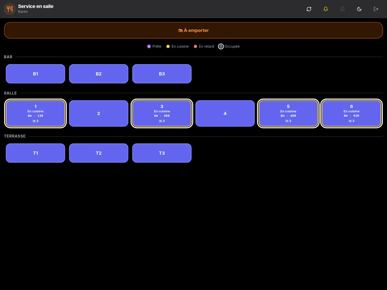 L'app serveur : les tables par zone, avec les commandes en cuisine