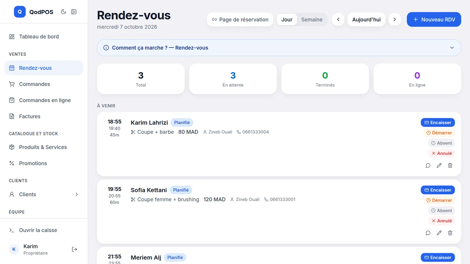 QodPOS dans un salon de beauté : l'agenda des rendez-vous