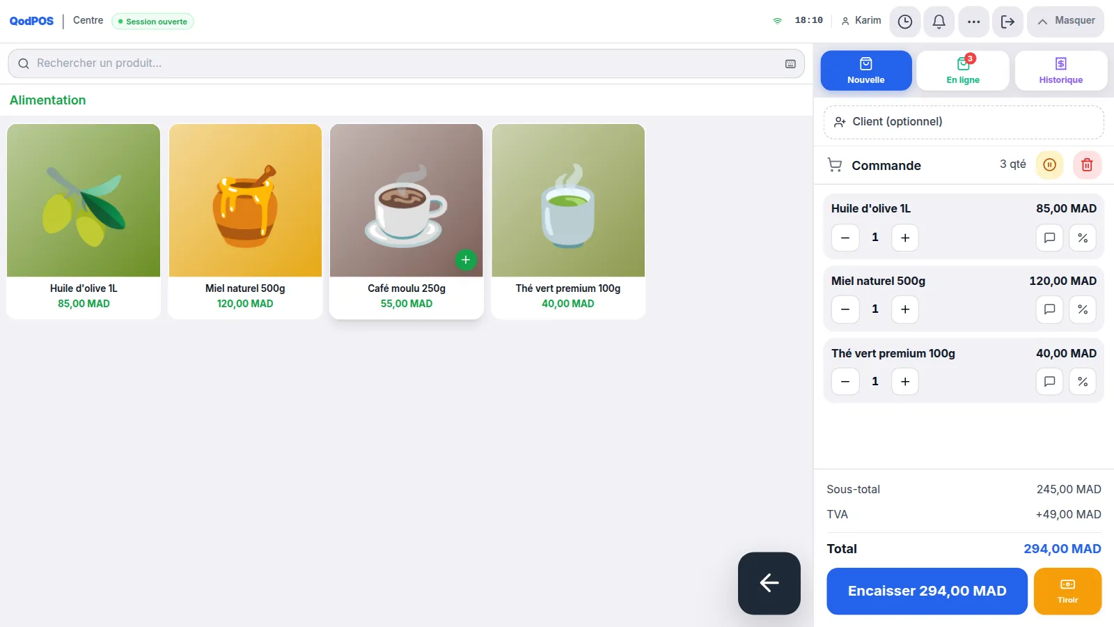 QodPOS dans une épicerie : produits du rayon alimentation et panier en cours